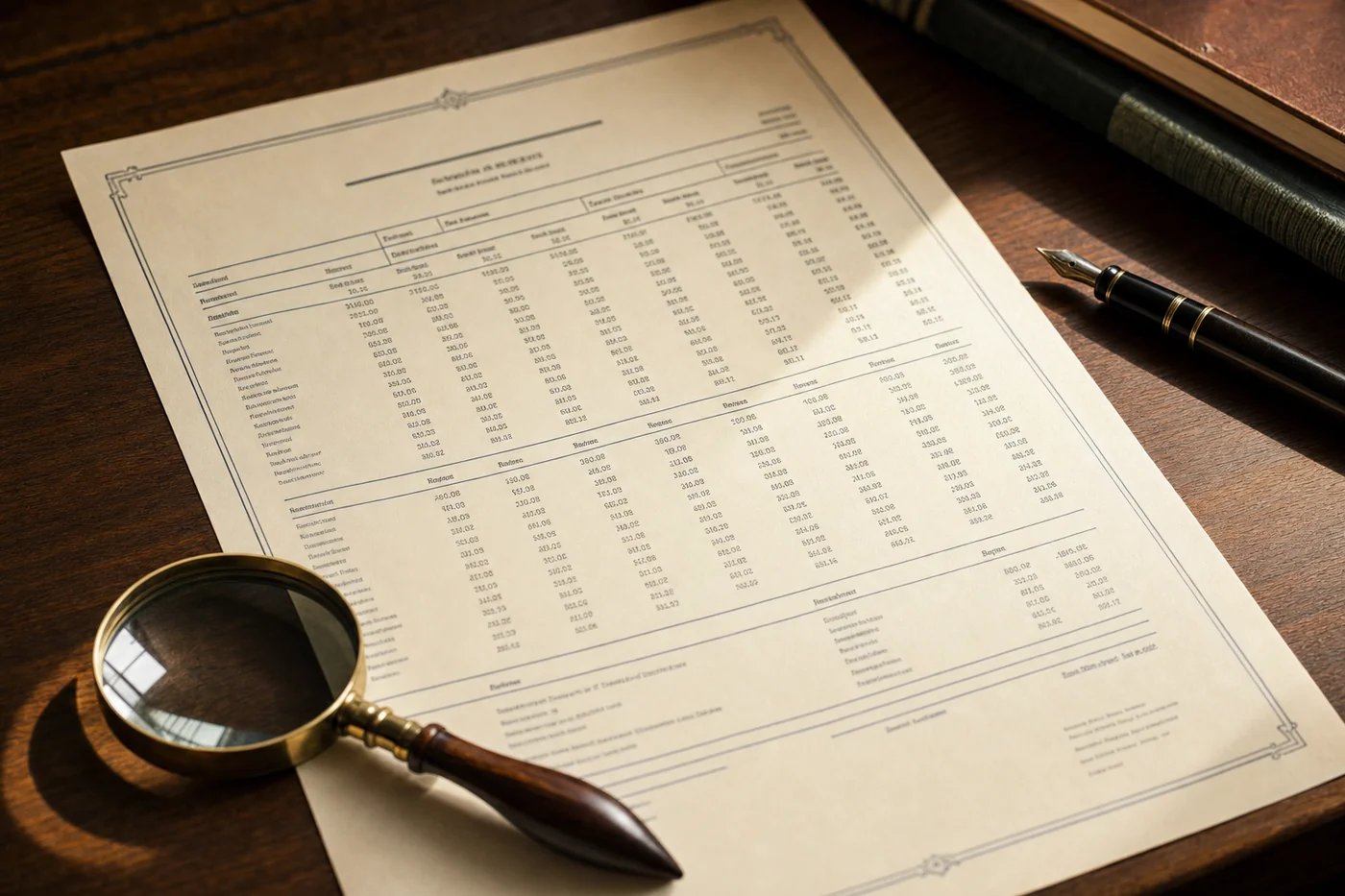An overhead photograph of a Certificate of Analysis document being read on a wooden desk with a magnifying glass.