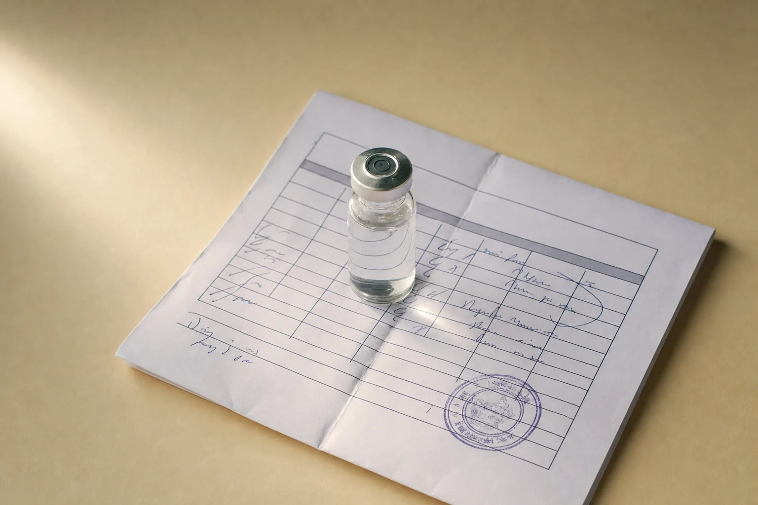 A peptide vial sitting on a certificate of analysis, the kind of paperwork buyers should expect to see before purchase.