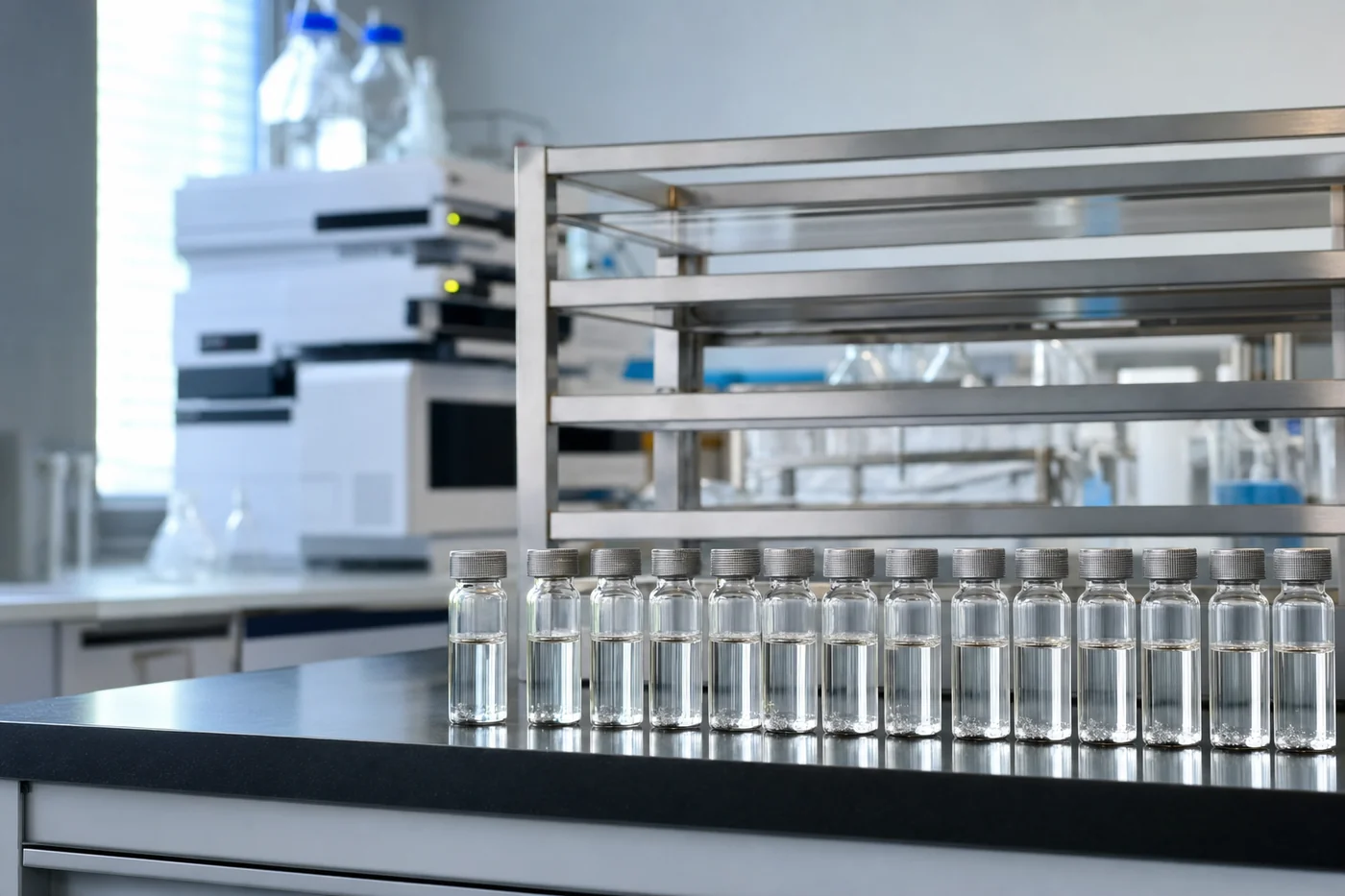 A laboratory bench with sample vials lined up for analysis.