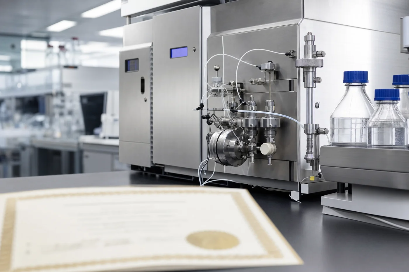 A precision analytical chemistry instrument in a clean laboratory environment, with an accreditation certificate visible nearby.