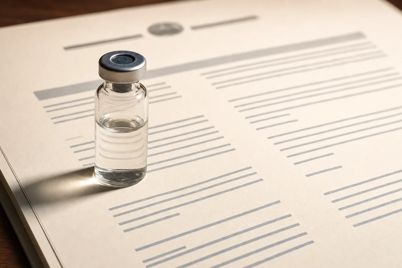 An unmarked glass laboratory vial standing on a printed regulatory document on cream paper.