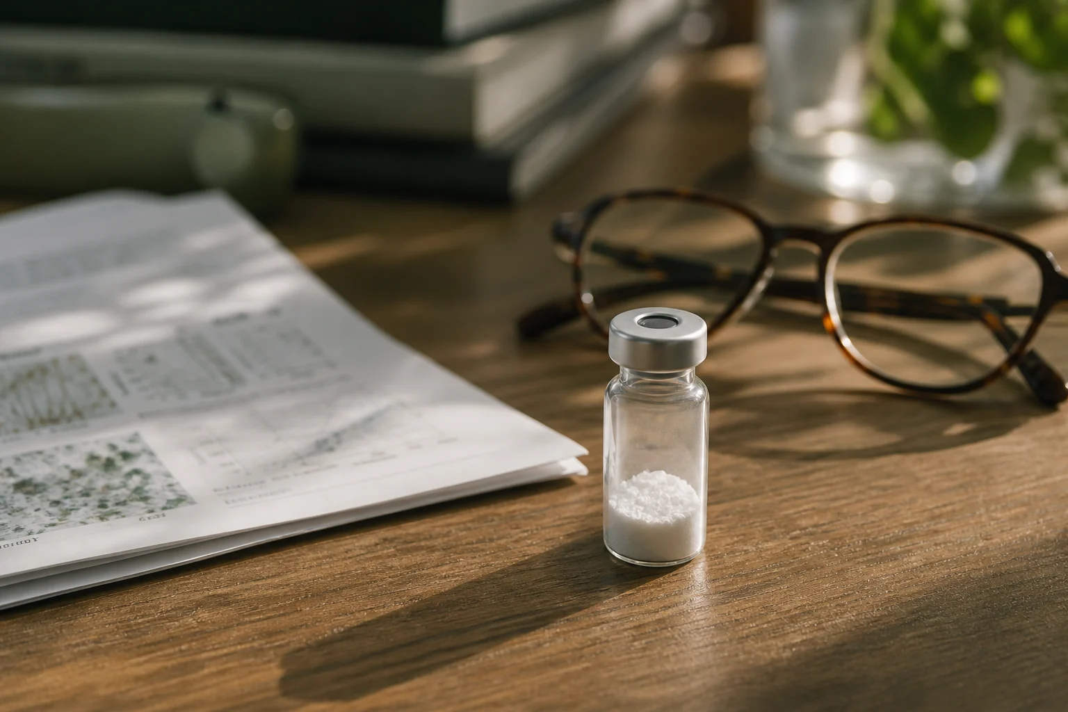 A small glass research vial of white lyophilised powder on a walnut desk in soft afternoon light, a folded paper and reading glasses nearby.