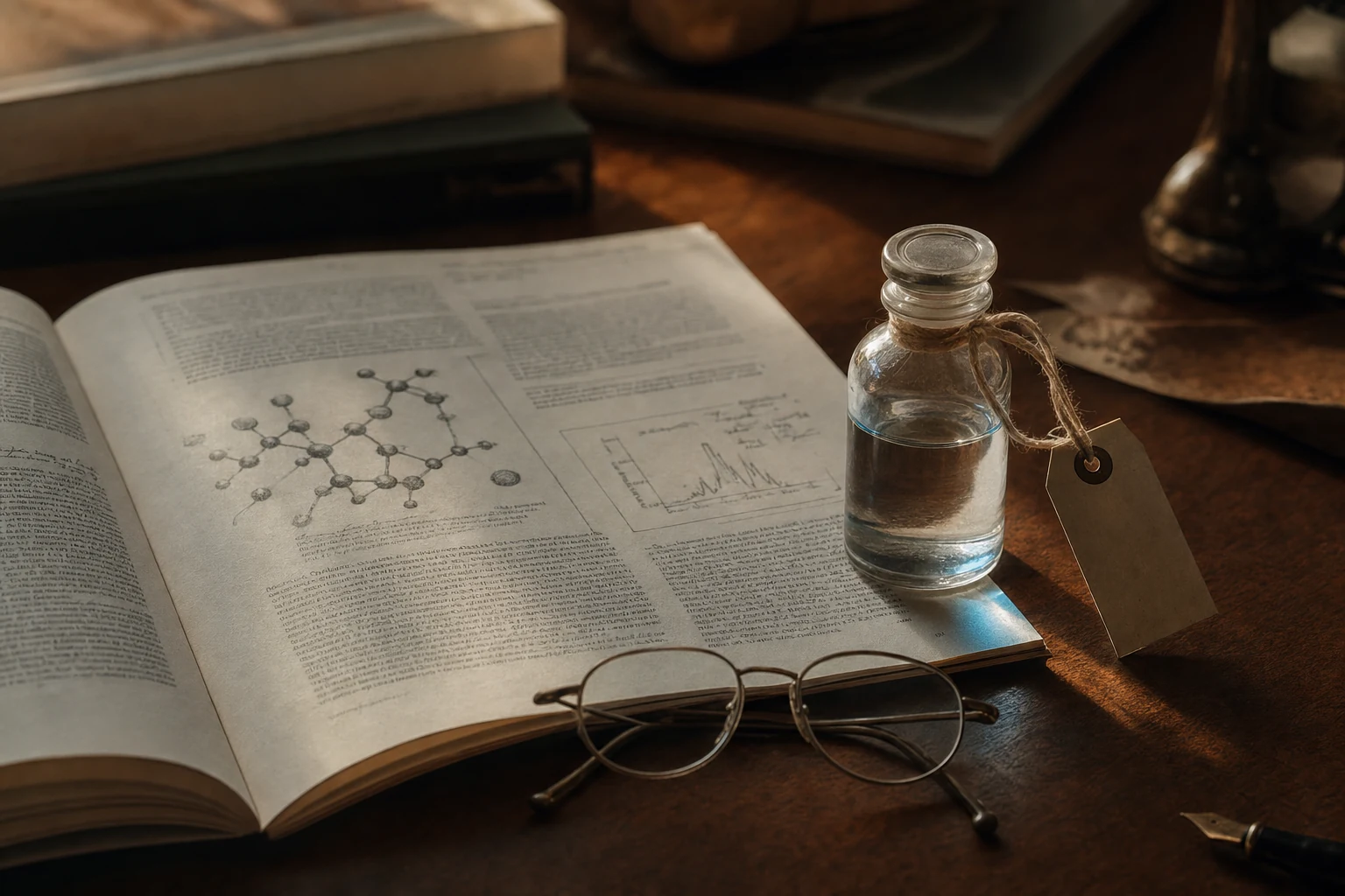 An open scientific journal showing a molecular structure diagram, beside a single research vial and a pair of reading glasses, on a walnut desk in afternoon light.