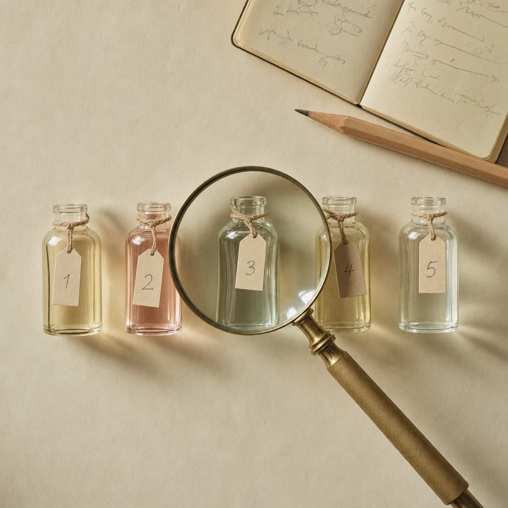 Five numbered glass vials under a magnifying glass, the side-by-side review.