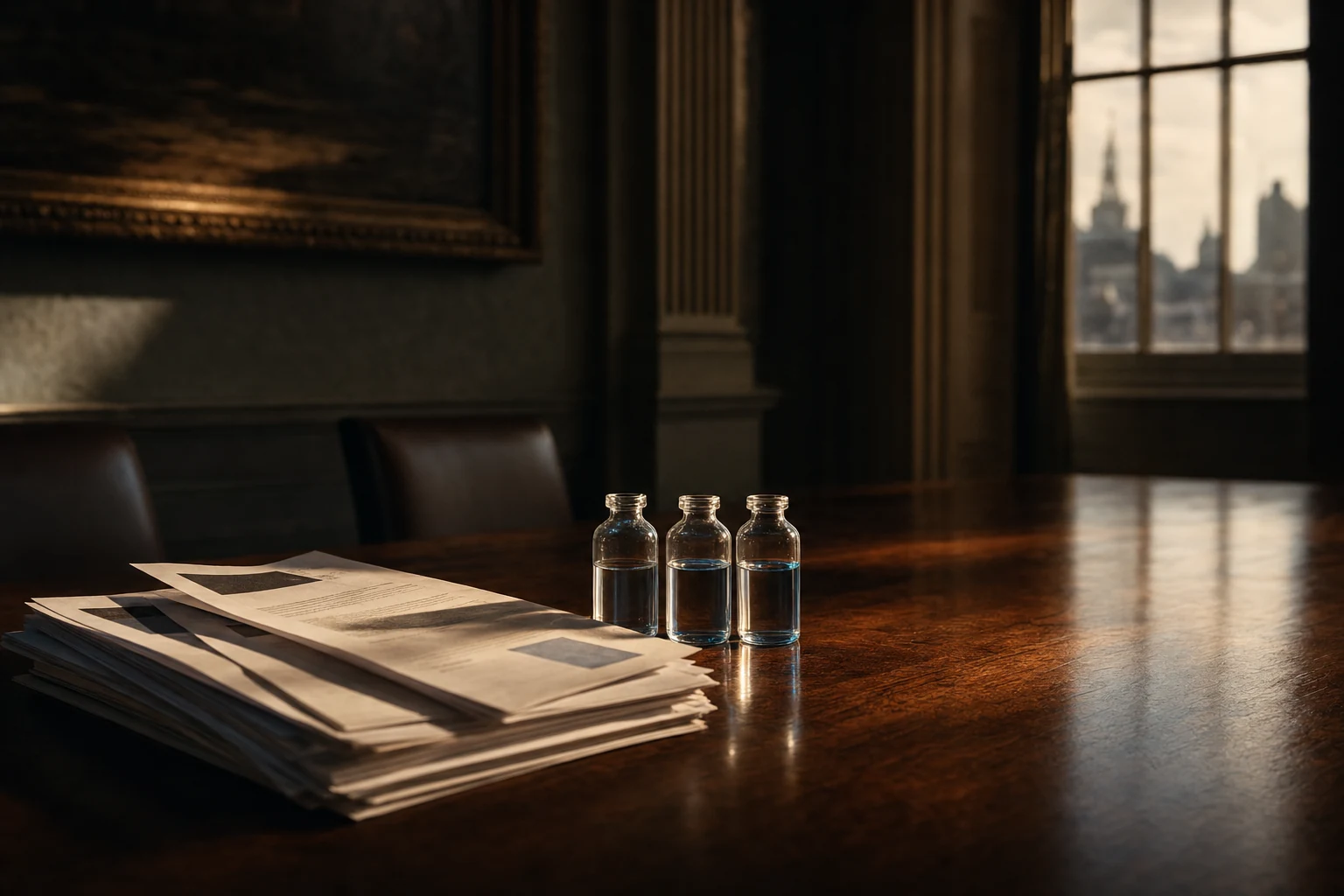 A wide atmospheric still life on a long walnut conference table: regulatory documents, sample vials, and afternoon London light.