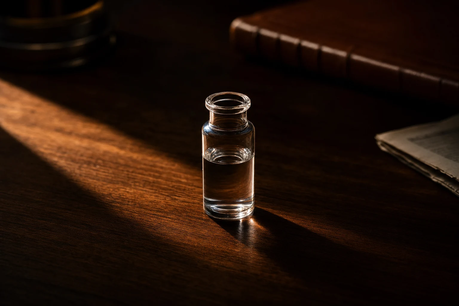 A single research vial caught in a shaft of warm afternoon light against a deep, painterly shadow.