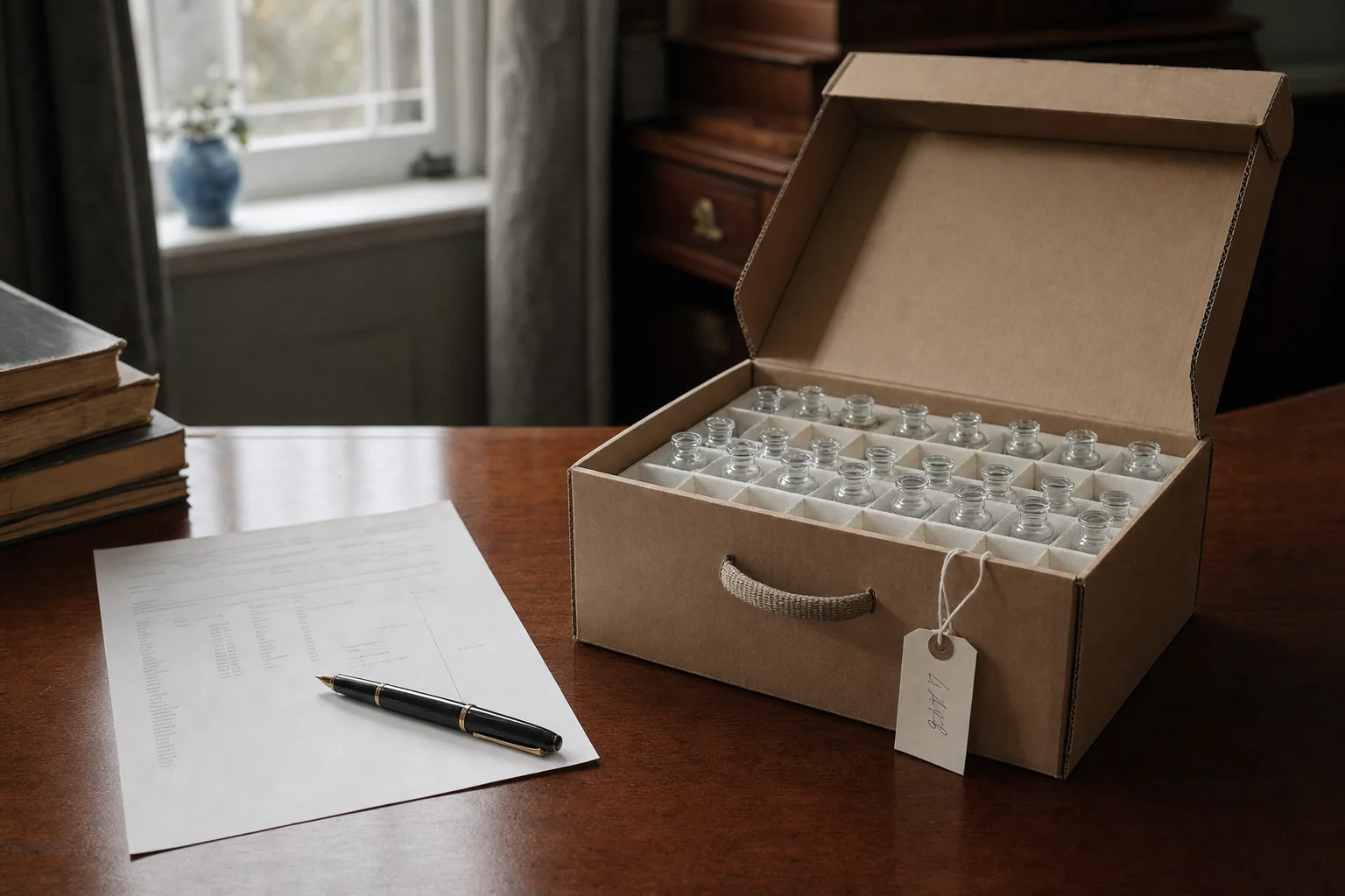 An open trade shipping crate of unlabelled glass vials beside a printed purchase order, on a warm wooden desk.