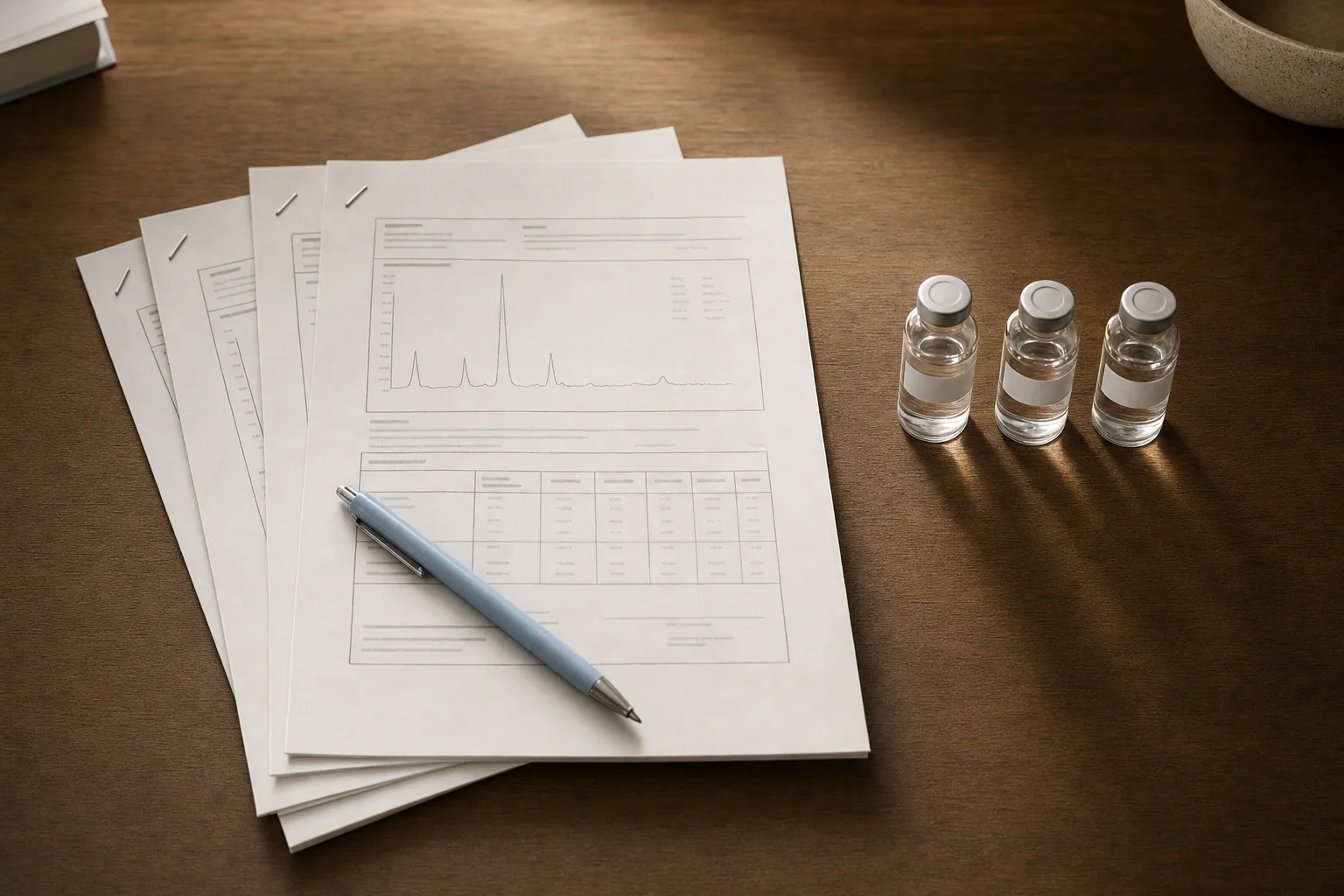 A flat-lay of three per-lot certificates of analysis stacked on a wooden desk beside three sample vials.