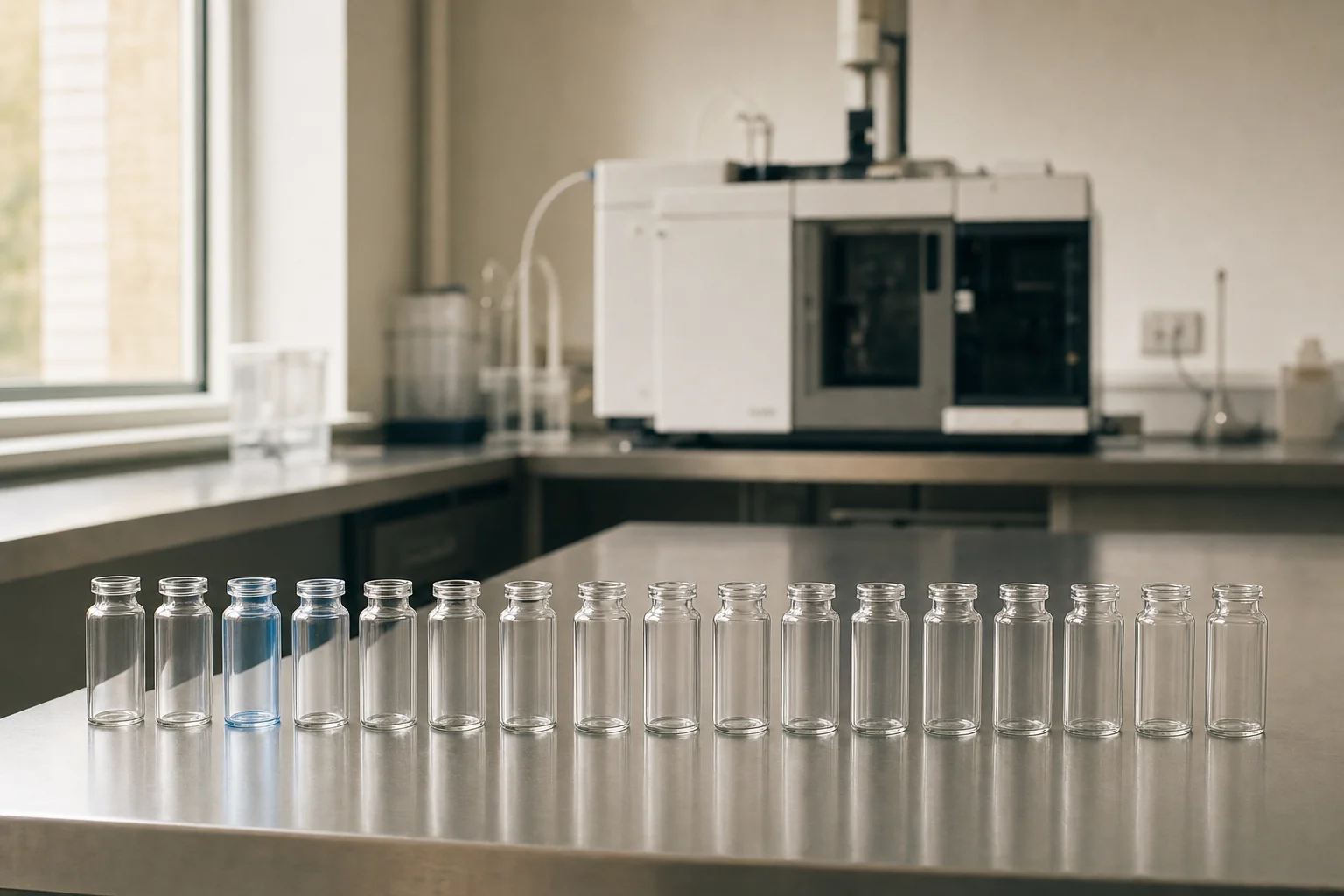 A long horizontal row of unlabelled glass vials on a stainless-steel laboratory bench, ready for batch QC.